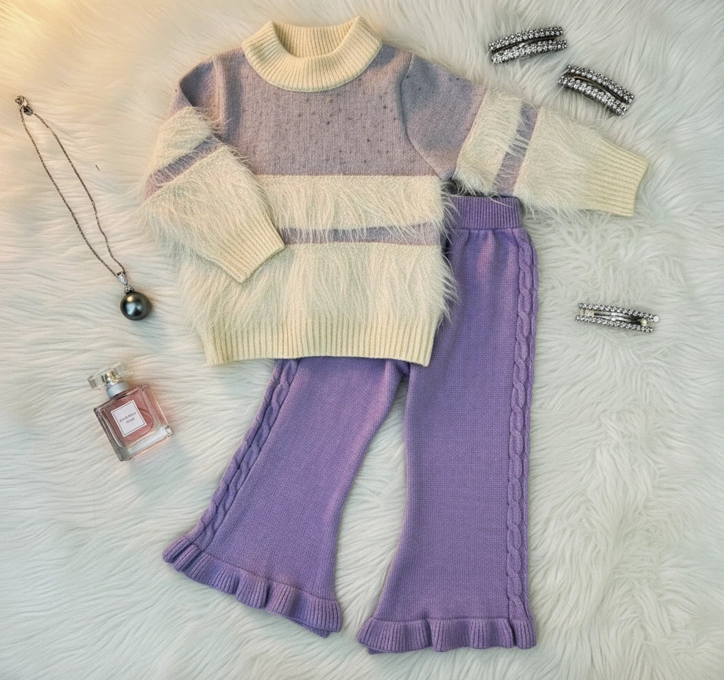 Lavender and Grey Color-Block Knit Faux Fur Accent Set