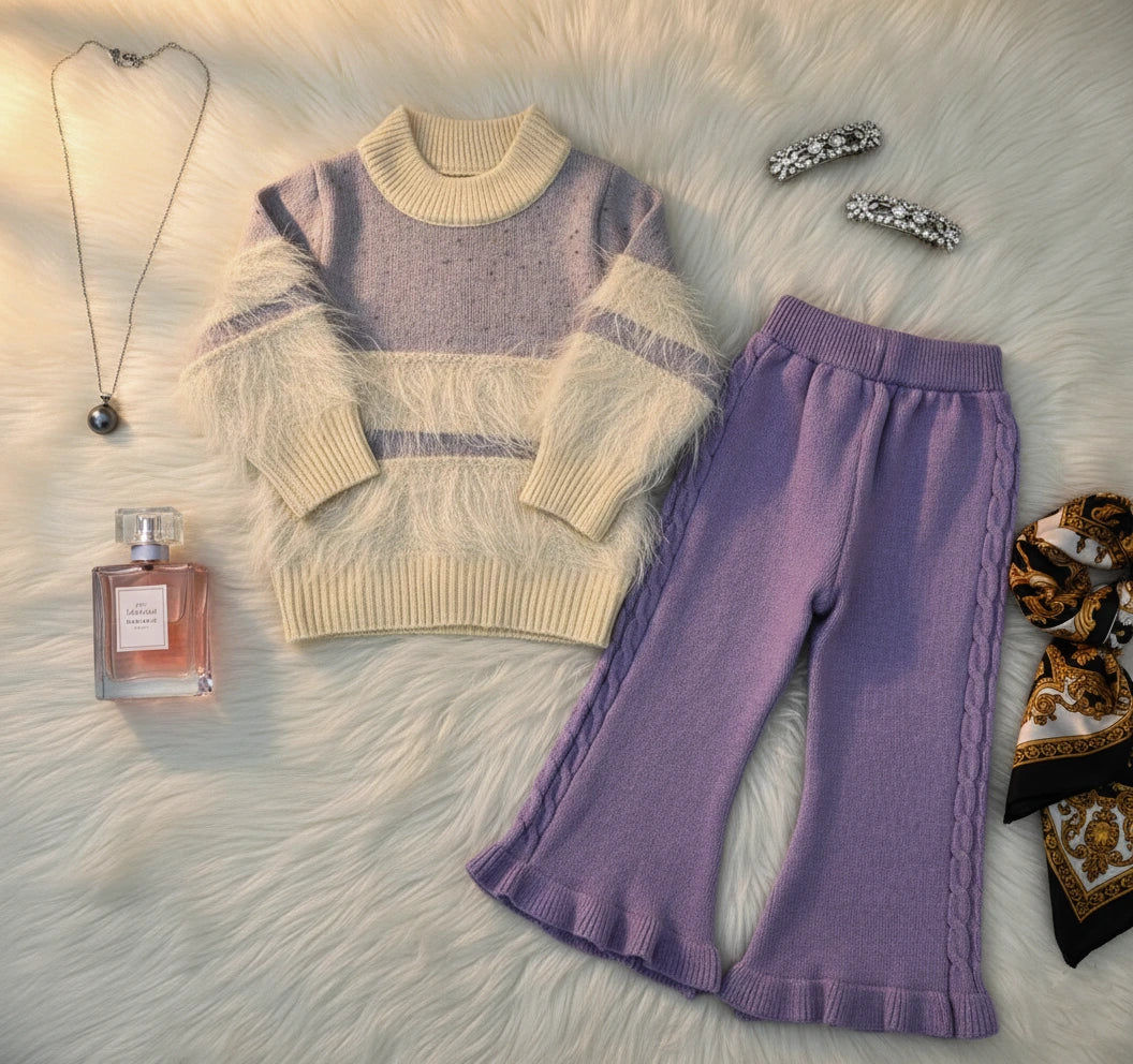 Lavender and Grey Color-Block Knit Faux Fur Accent Set