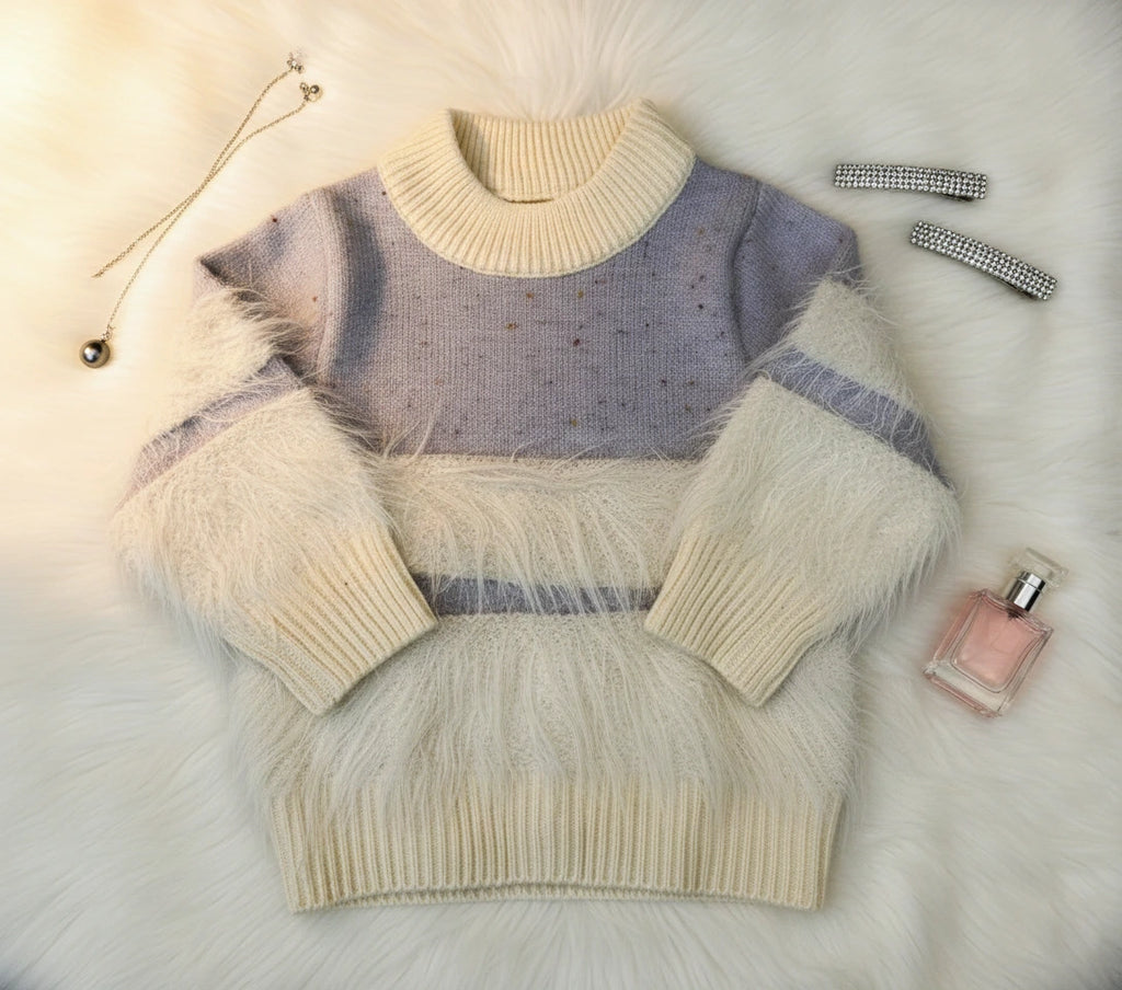 Lavender and Grey Color-Block Knit Faux Fur Accent Set