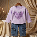 Girls Full Sleeves Cotton Purple Top with Denim Cargo Pants