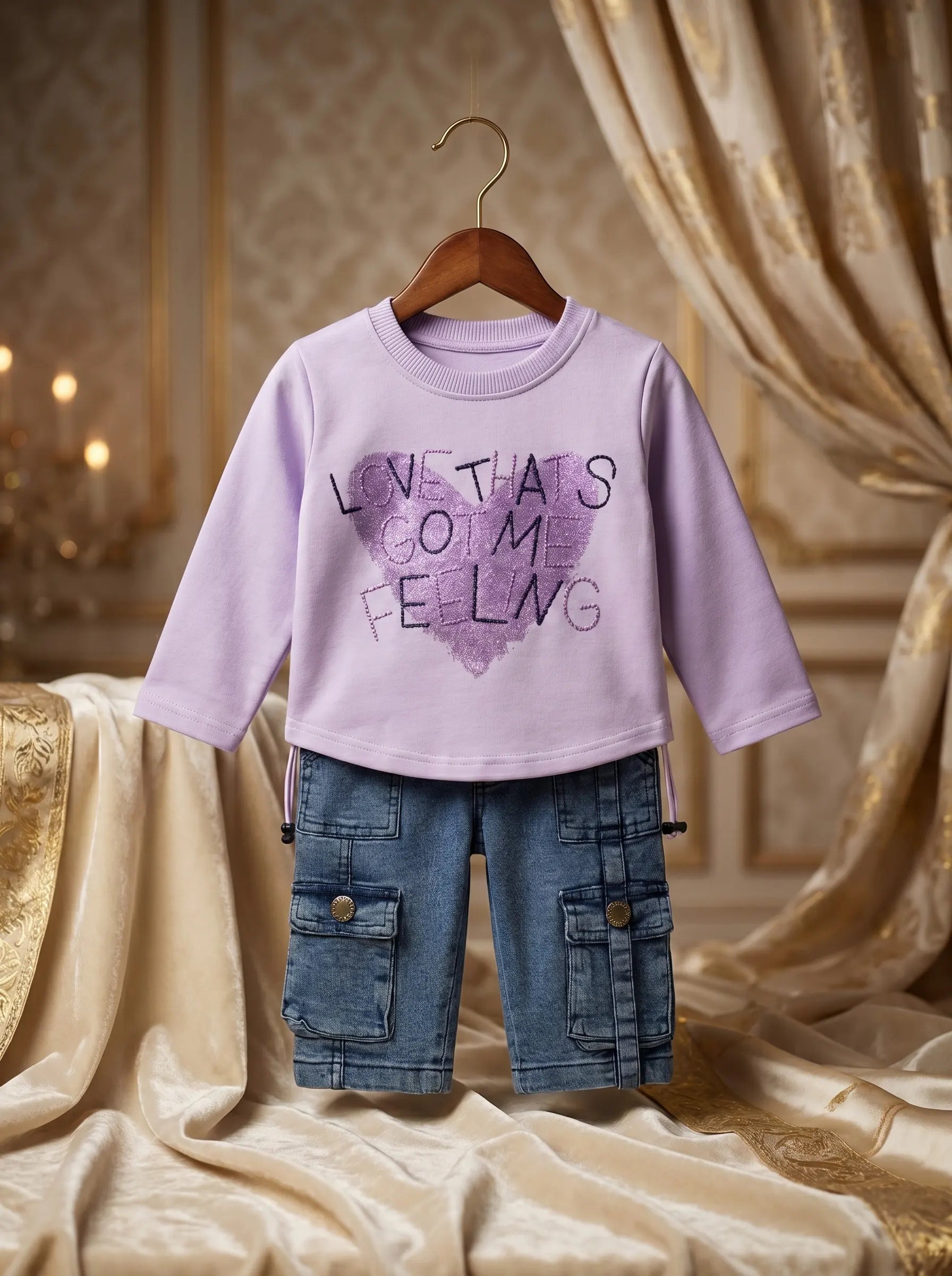 Girls Full Sleeves Cotton Purple Top with Denim Cargo Pants