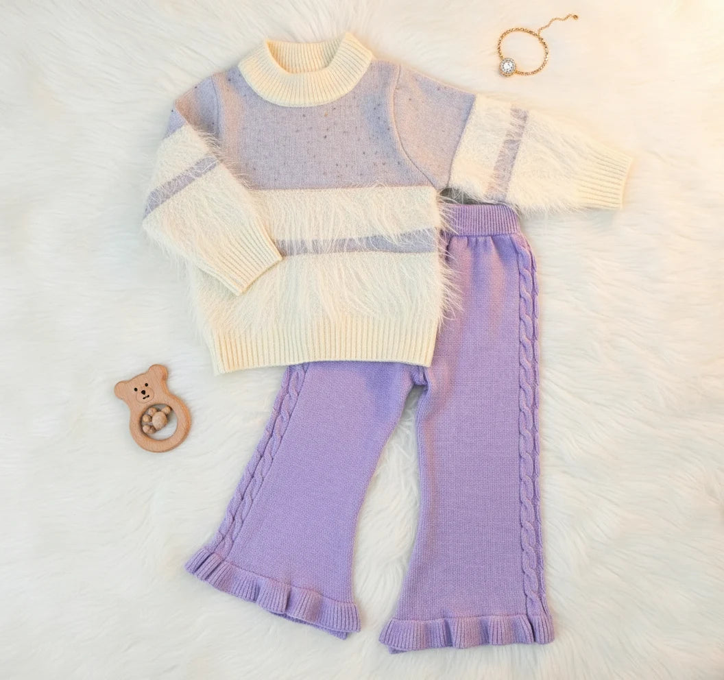 Lavender and Grey Color-Block Knit Faux Fur Accent Set