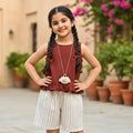 Terracotta Ruffle Top & Striped Shorts Set