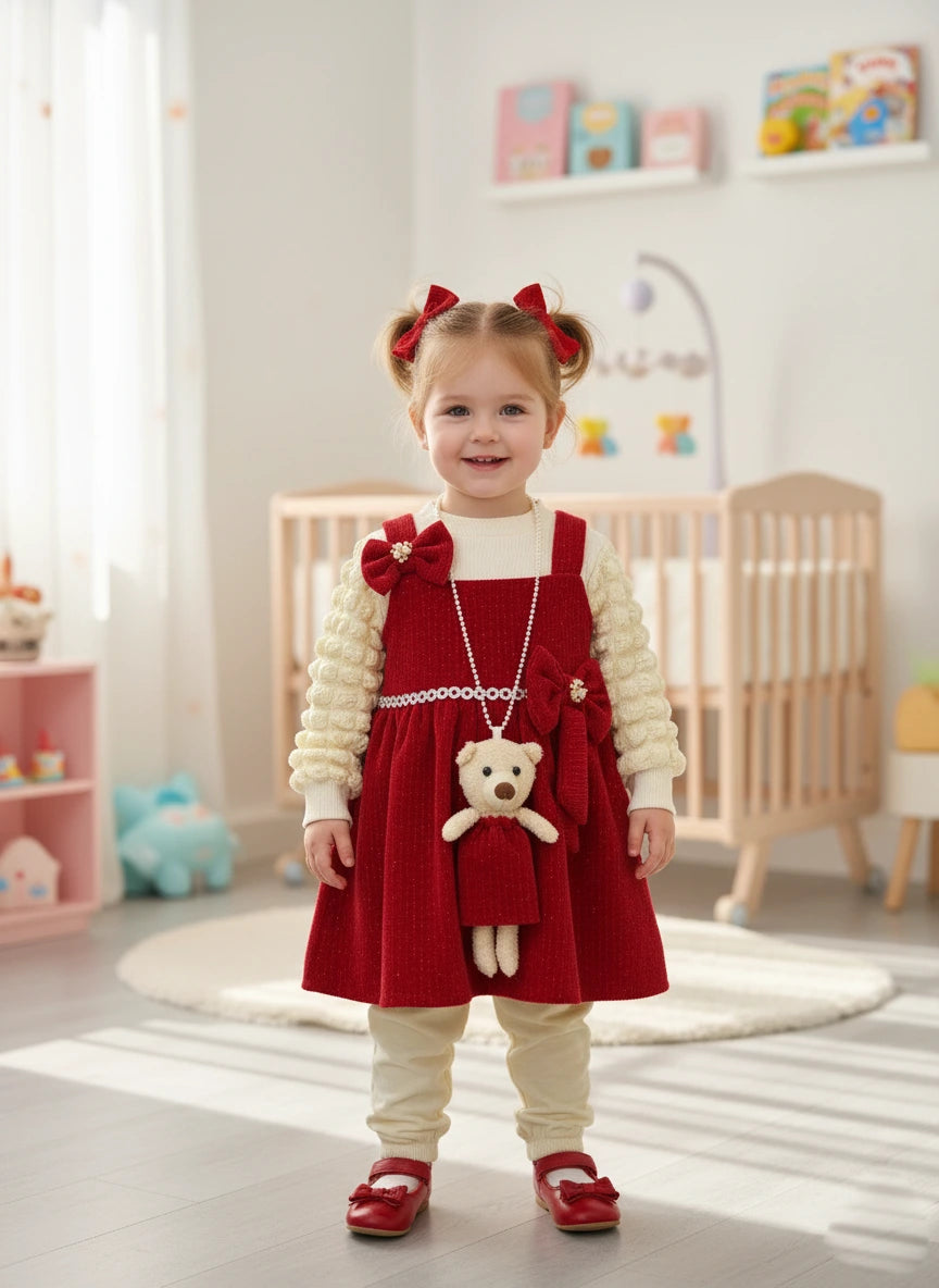 Regal Crimson Teddy: Corduroy Dress, Textured Blouse & Legging Trio Set