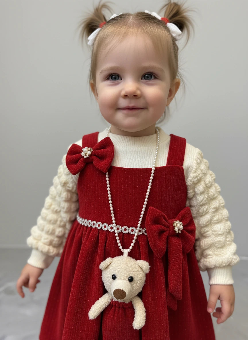 Regal Crimson Teddy: Corduroy Dress, Textured Blouse & Legging Trio Set
