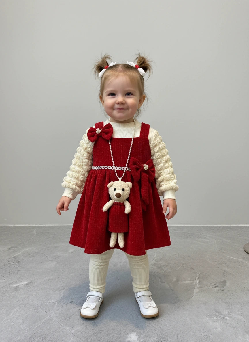 Regal Crimson Teddy: Corduroy Dress, Textured Blouse & Legging Trio Set