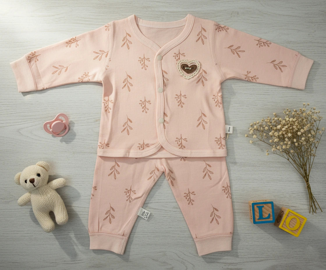 Rose Pink Leaf Print Imported Baby Set