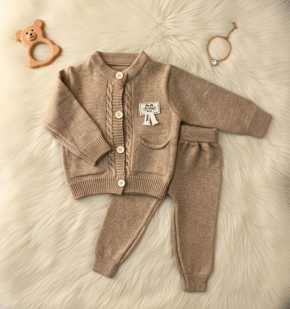 Classic Cable Knit Set: Warm Taupe Cardigan & Trousers