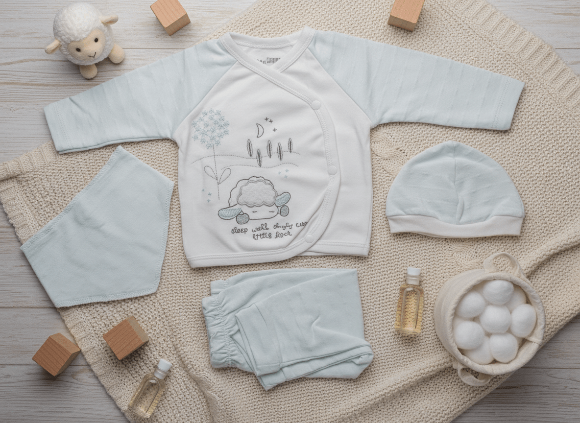 4 Pieces Sky Blue Premium Soft Cotton Embroidered Baby Set