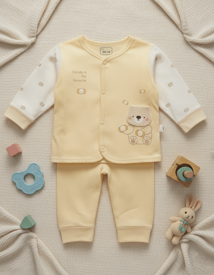 Soft Cotton Teddy Bear Pajama Set in Butter Yellow