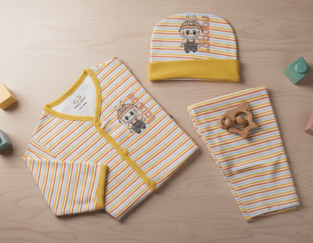 "Labubu" Print Imported Cotton Yellow Striped Baby Outfit Set with Cap.