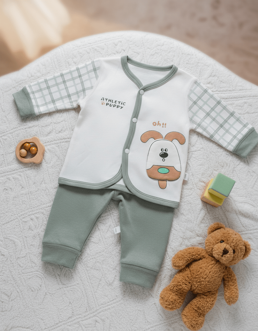 Ultra Soft Terry Knit Outfit in White & Olive Green