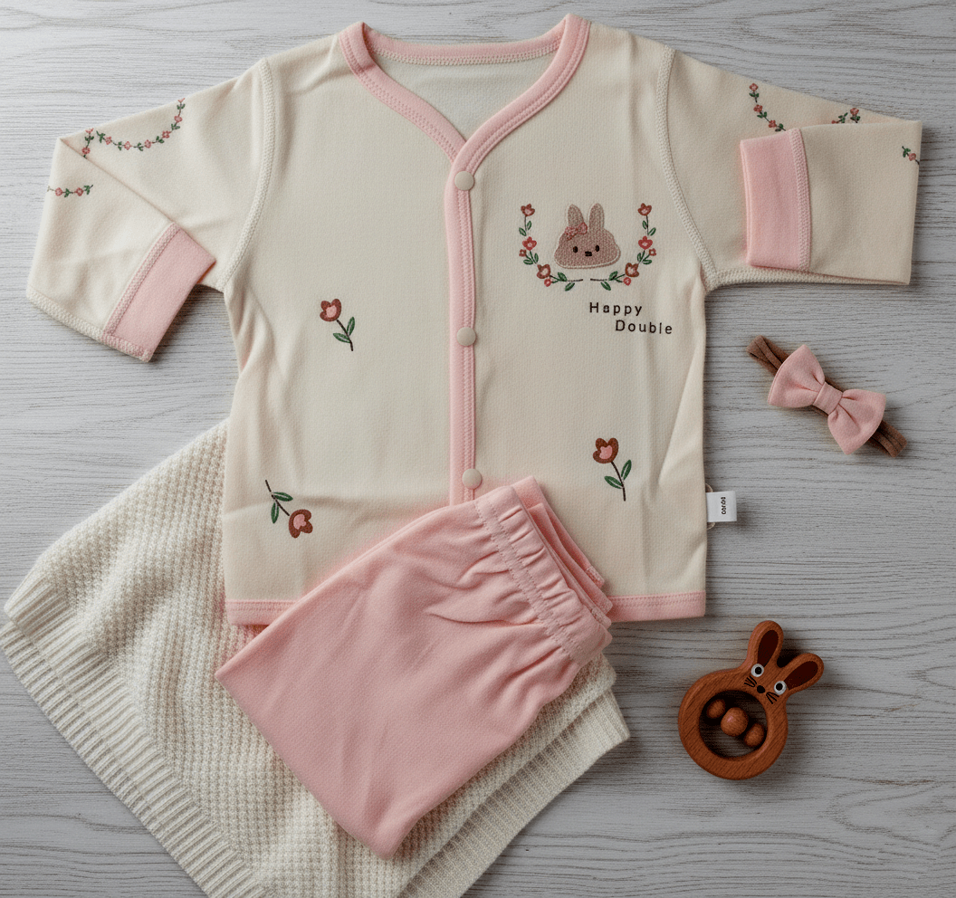 Off White & Pink Ultra Soft Terry Knit Imported Baby Set