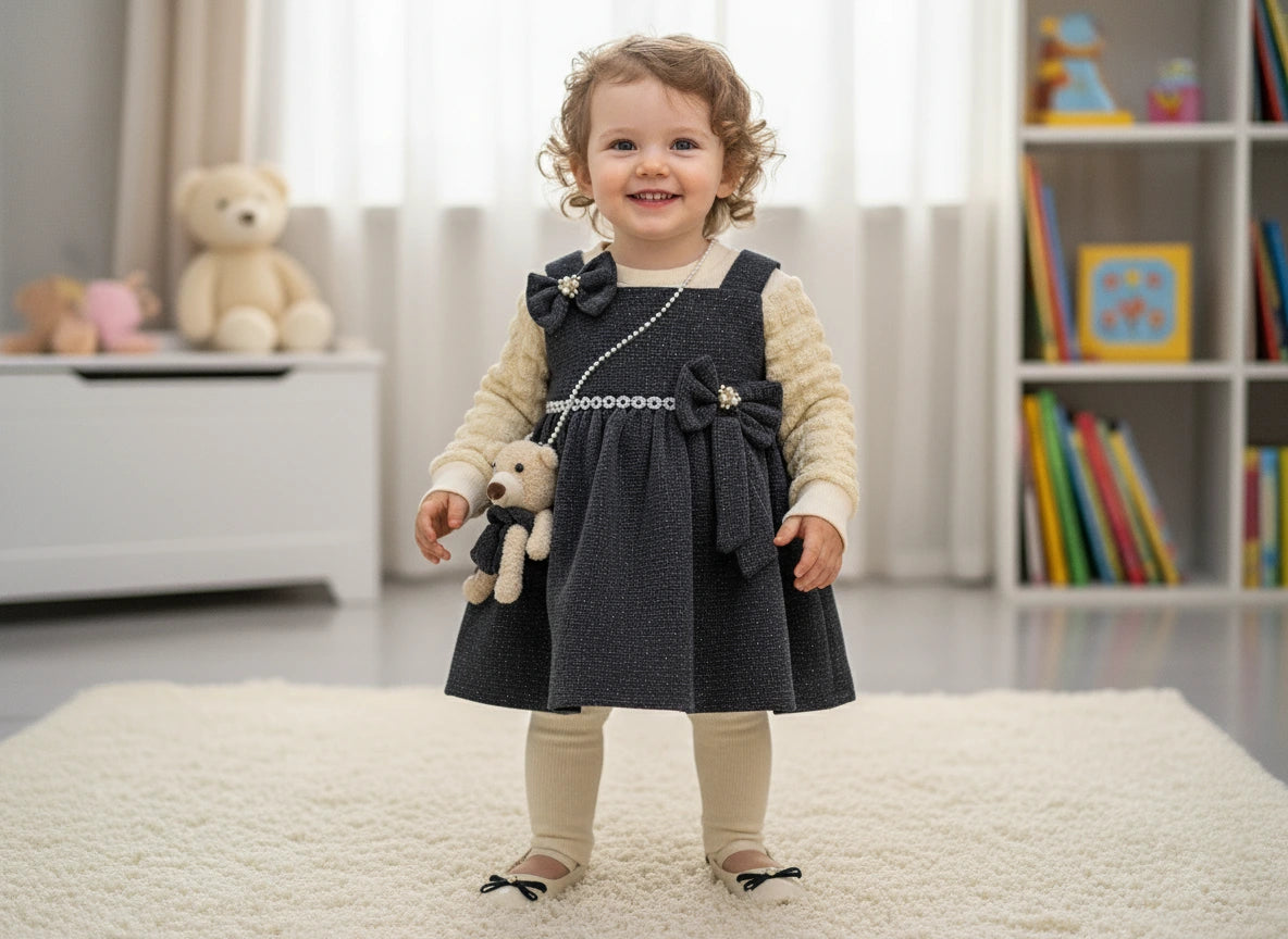 Sophisticated Charcoal Teddy: Sparkle Dress, Textured Blouse & Legging Trio Set