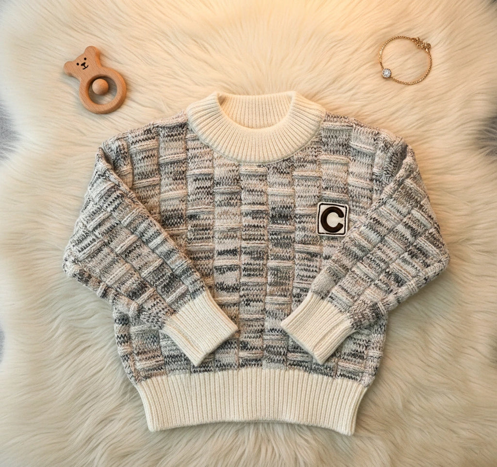 Modern Block Knit Set: Textured Gray & Cream Two-Piece
