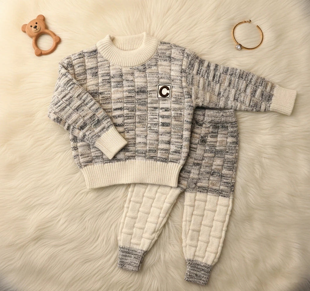 Modern Block Knit Set: Textured Gray & Cream Two-Piece