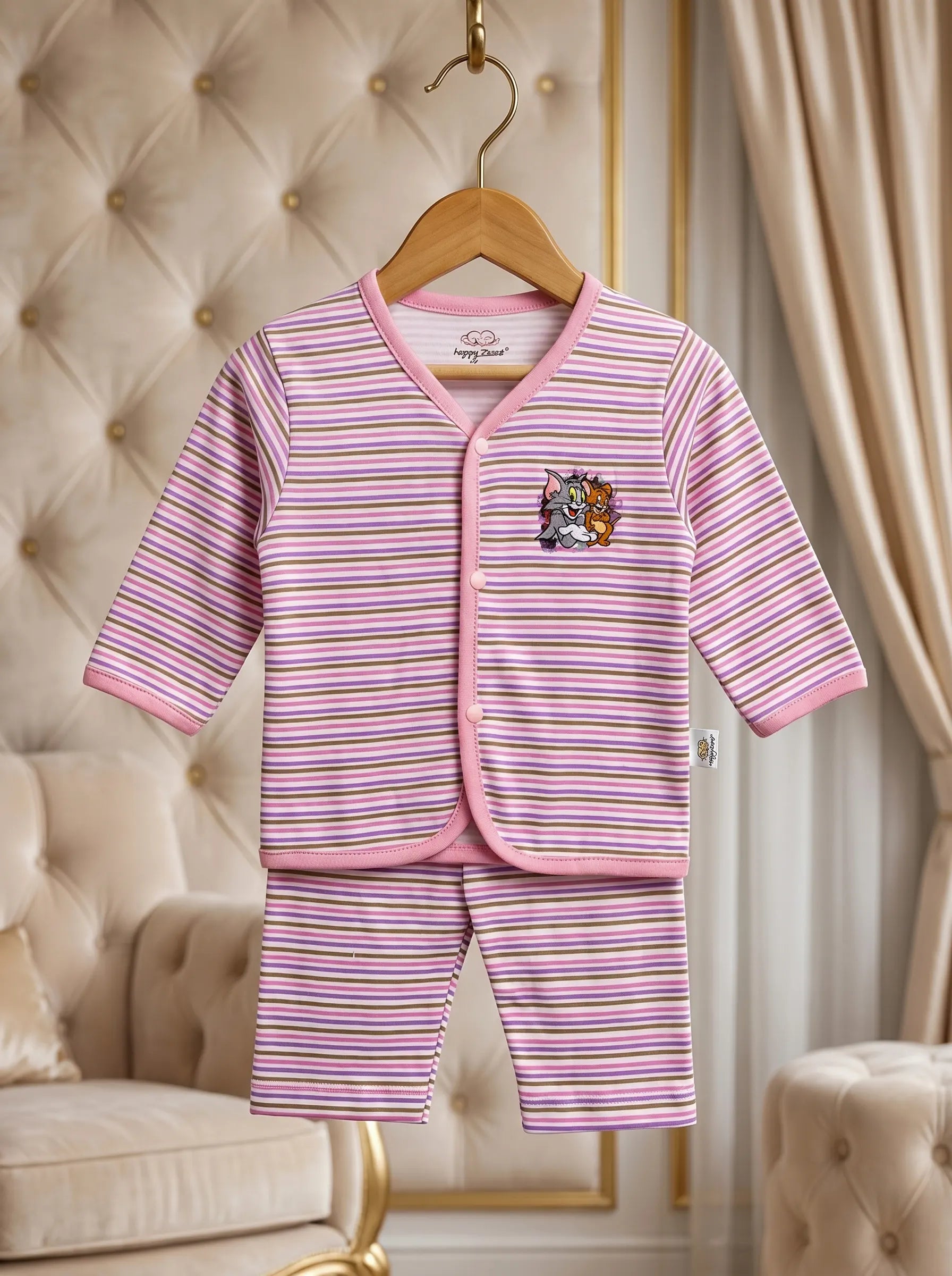 "Tom & Jerry" Print Imported Cotton Purple Striped Baby Outfit Set with Cap.