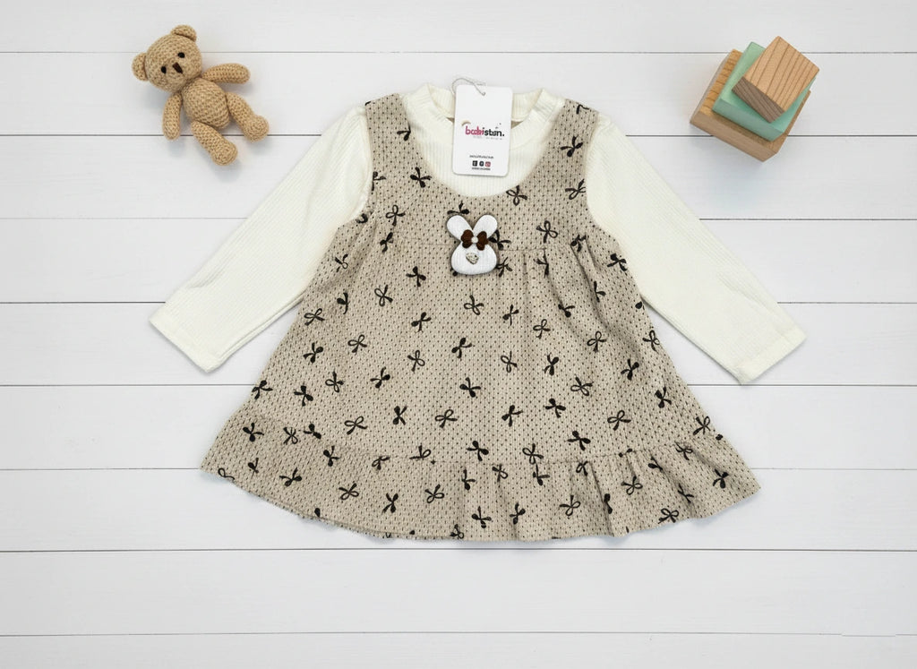 Imported Two-in-One Frock with Attached Ribbed Top - Bear Appliqué & Bow