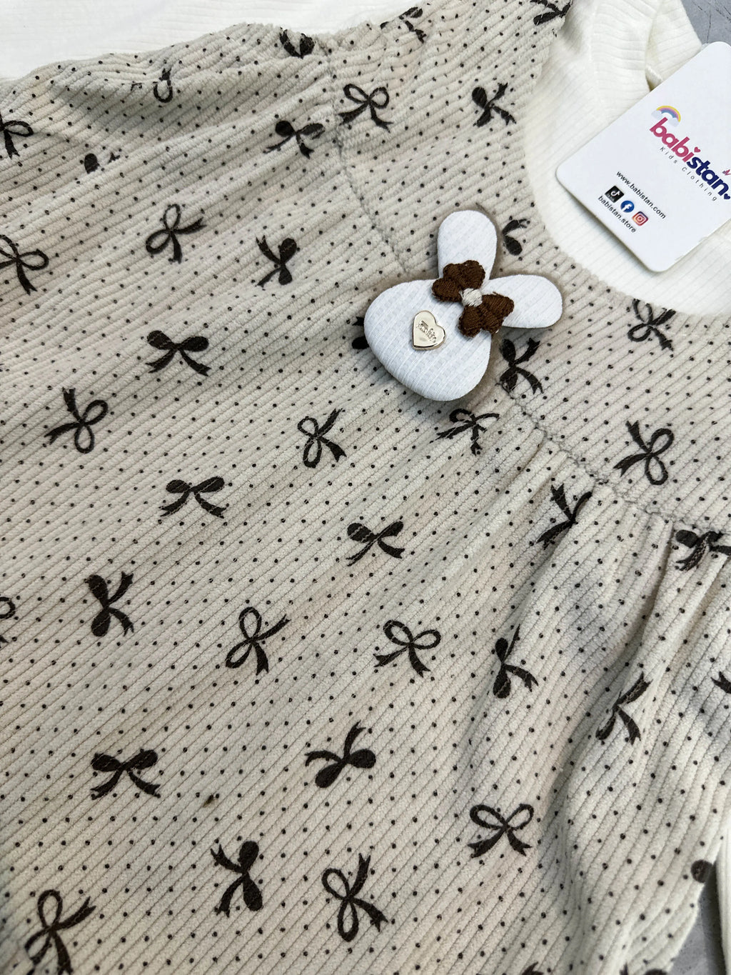 Imported Two-in-One Frock with Attached Ribbed Top - Bear Appliqué & Bow