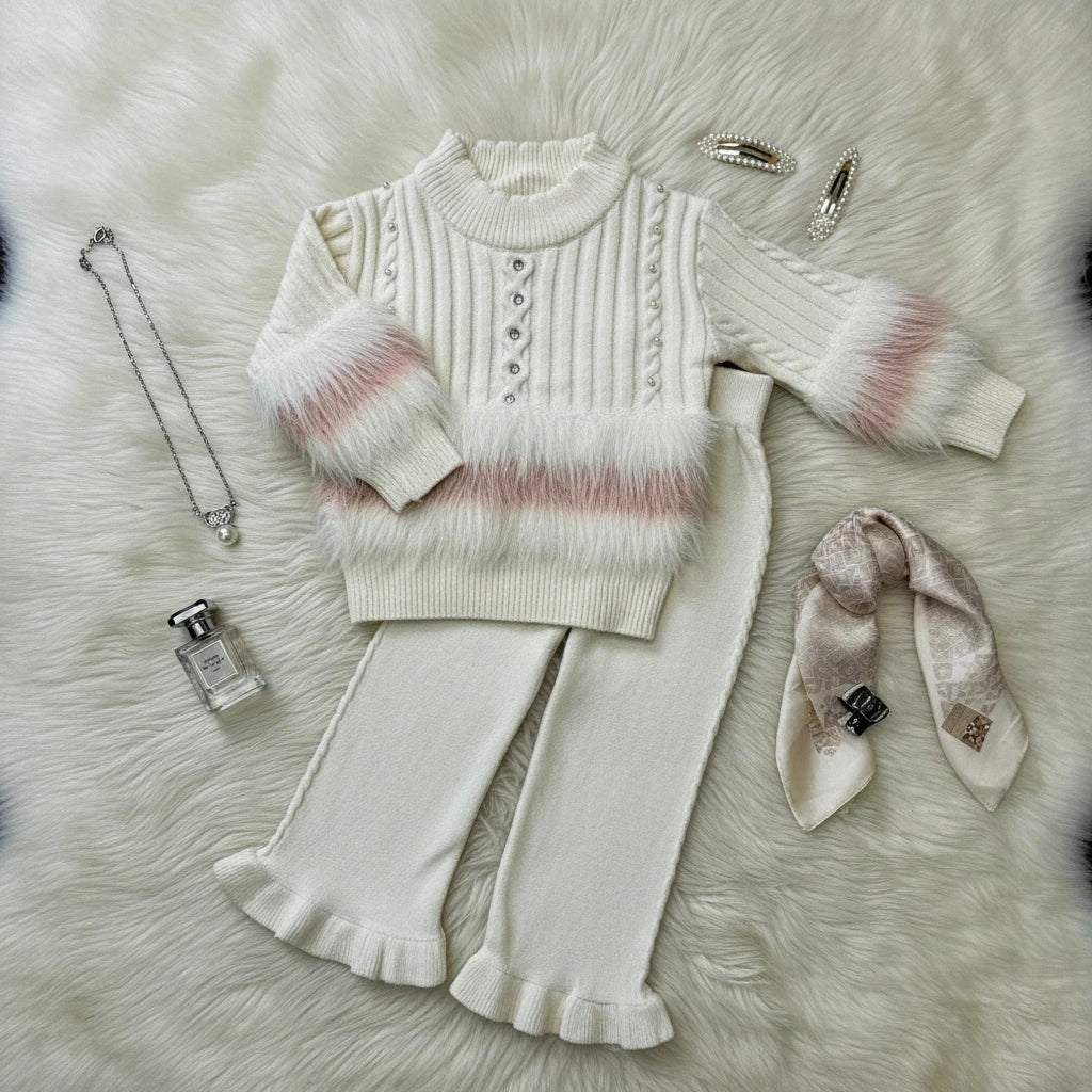 Luxury Ivory Wool-Blend Knit Faux Fur Accent Set