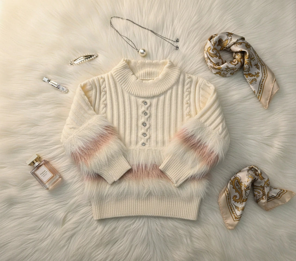 Luxury Ivory Wool-Blend Knit Faux Fur Accent Set