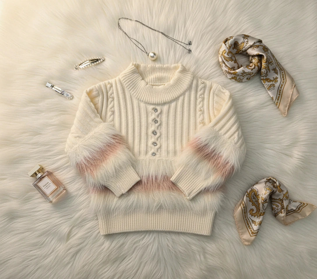 Luxury Ivory Wool-Blend Knit Faux Fur Accent Set
