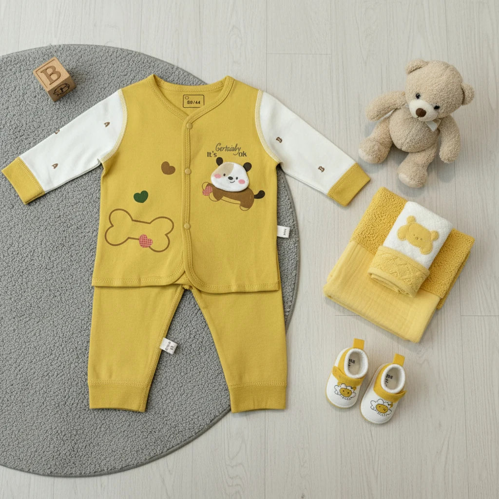Yellow "Bone & Heart" Print Premium Cotton Baby Outfit Set