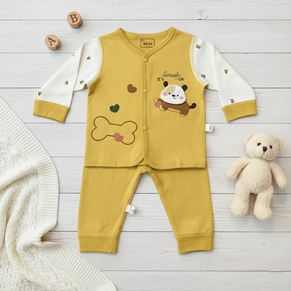 Yellow "Bone & Heart" Print Premium Cotton Baby Outfit Set