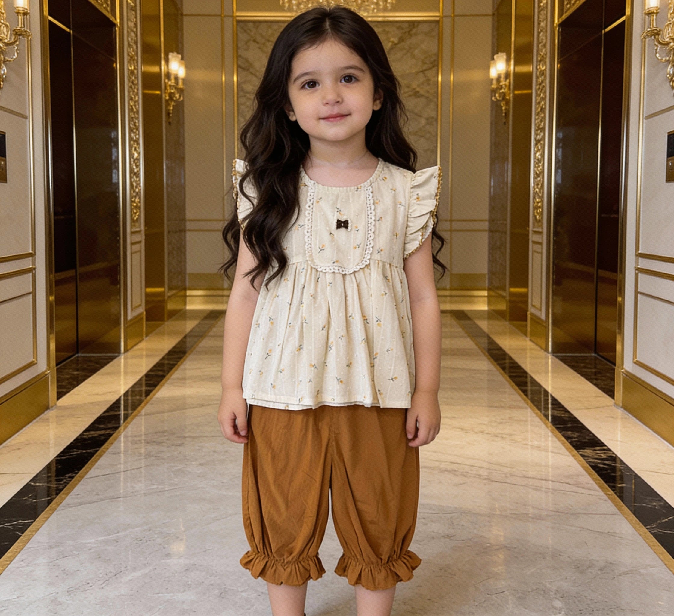 Floral Swiss-Dot Blouse & Toffee Bloomers Set