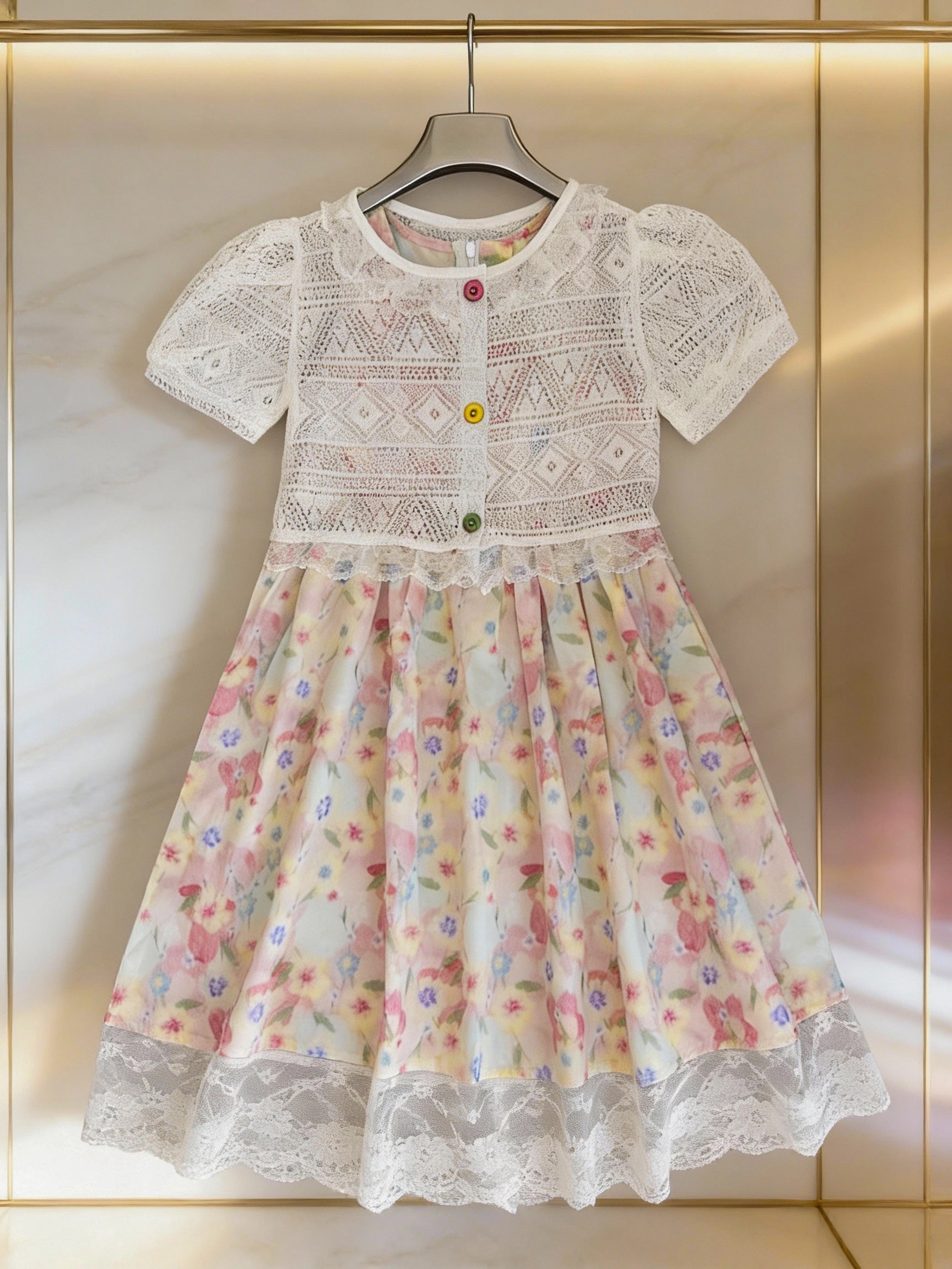 Short-Sleeve Floral Dress with Crochet Overlay