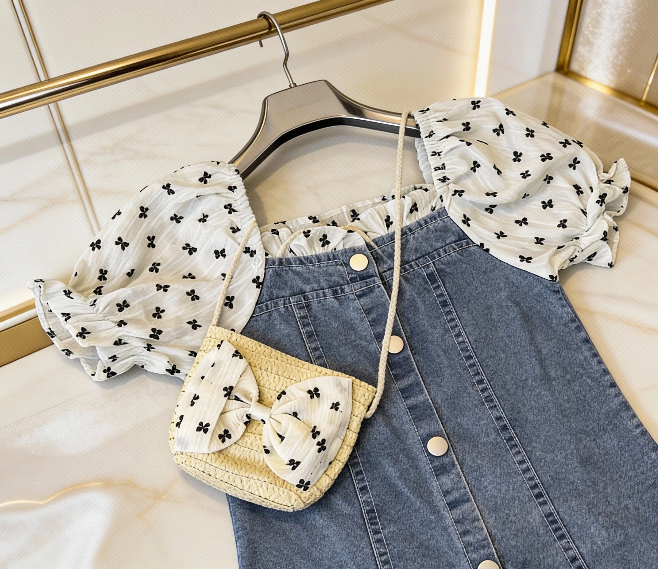 Denim Button-Front Dress with Bow-Print Sleeves