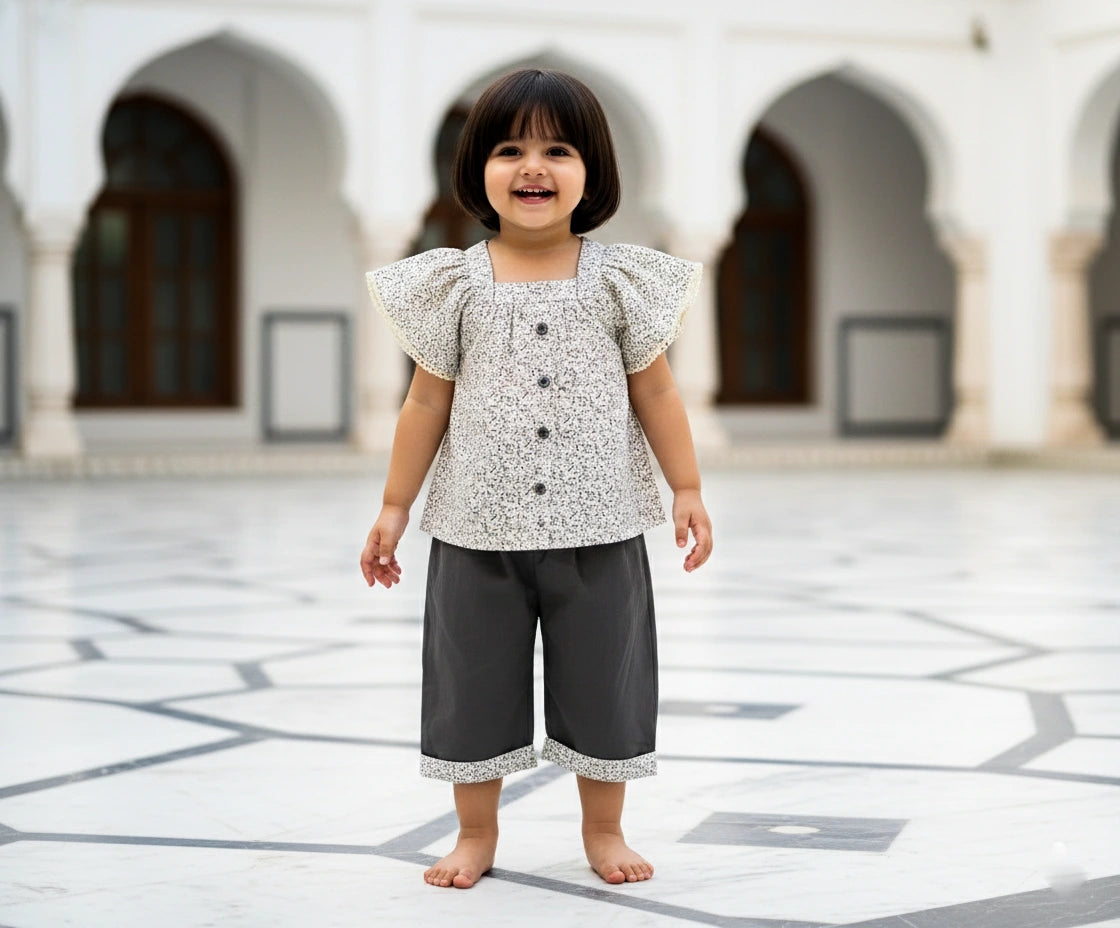 Floral Button-Down Blouse & Charcoal Shorts Set