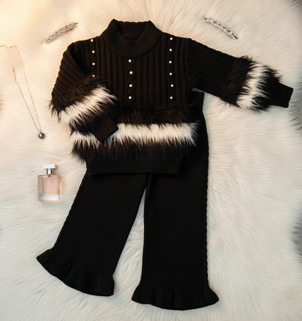 Classic Black Knit Faux Fur & Pearl Accent Sweater Set