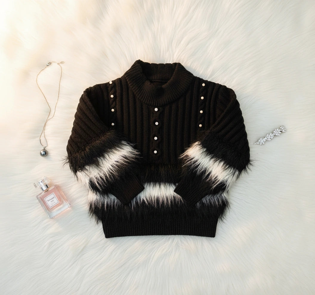 Classic Black Knit Faux Fur & Pearl Accent Sweater Set