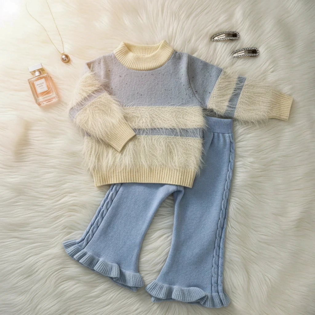 Soft Blue and Cream Color-Block Knit Faux Fur Accent Set