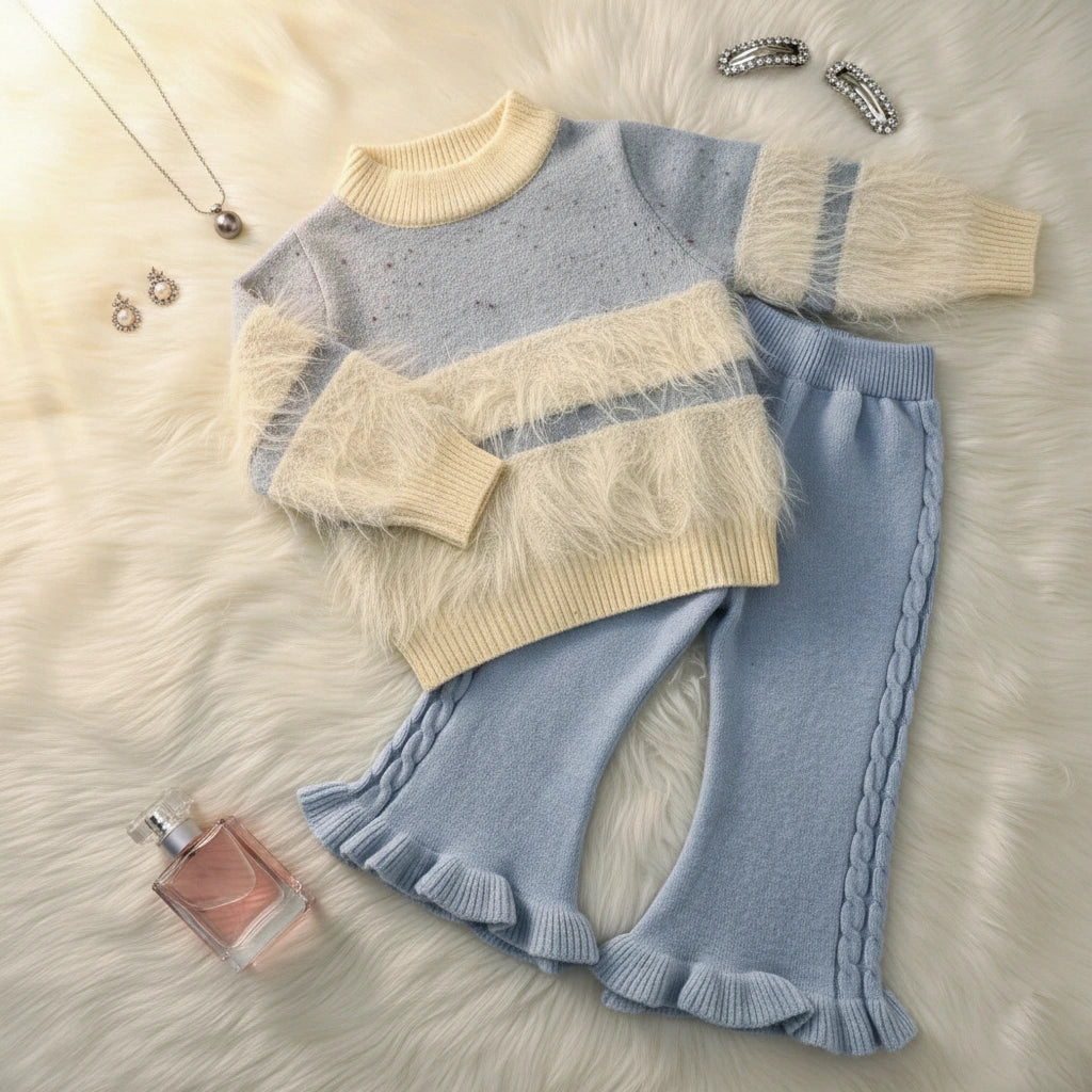 Soft Blue and Cream Color-Block Knit Faux Fur Accent Set