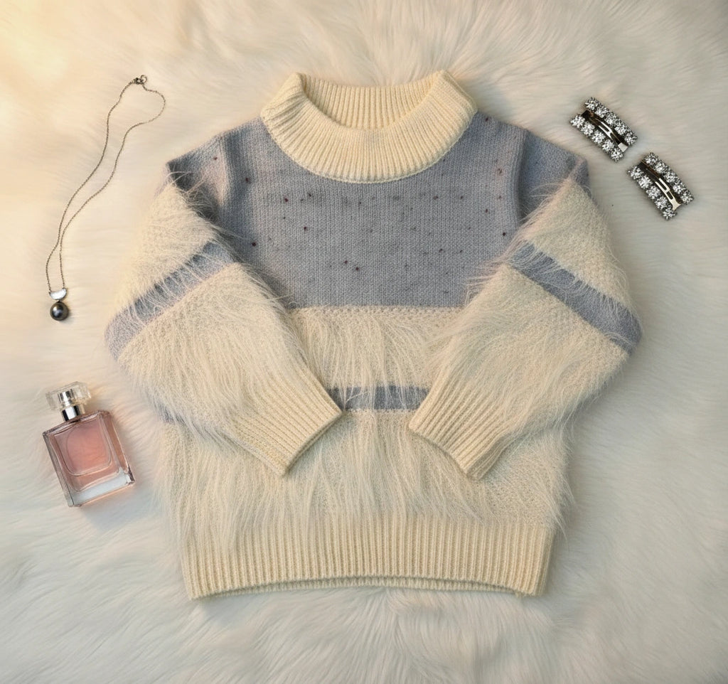 Soft Blue and Cream Color-Block Knit Faux Fur Accent Set