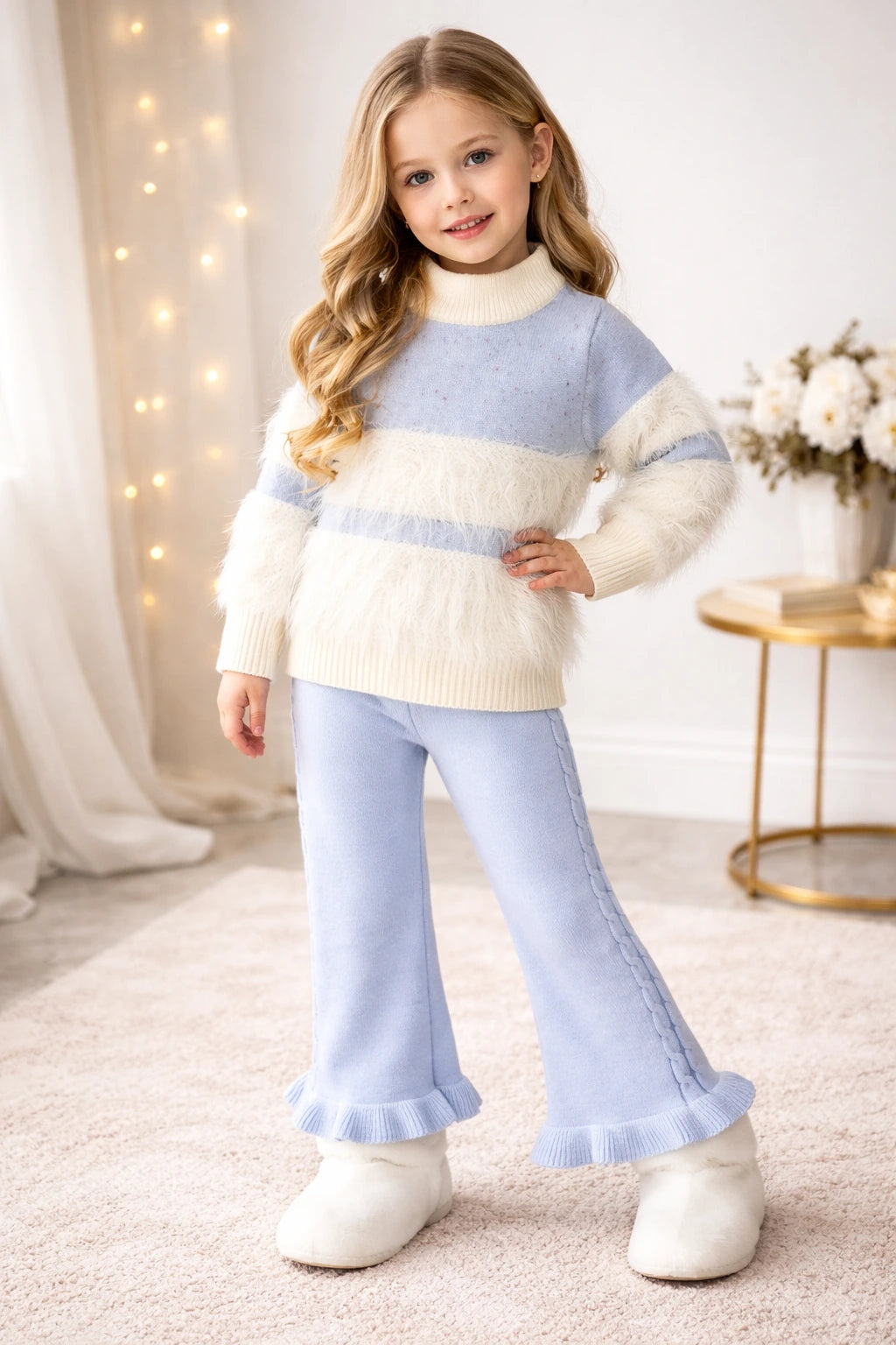 Soft Blue and Cream - Knit Faux Fur  Set