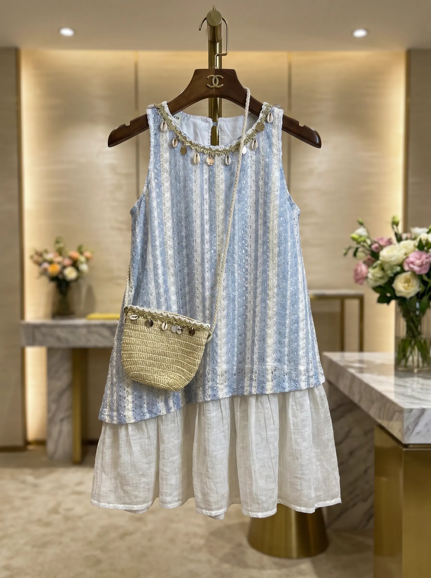 Luxury Imported Boho-Chic Striped Tunic with Straw Crossbody Bag