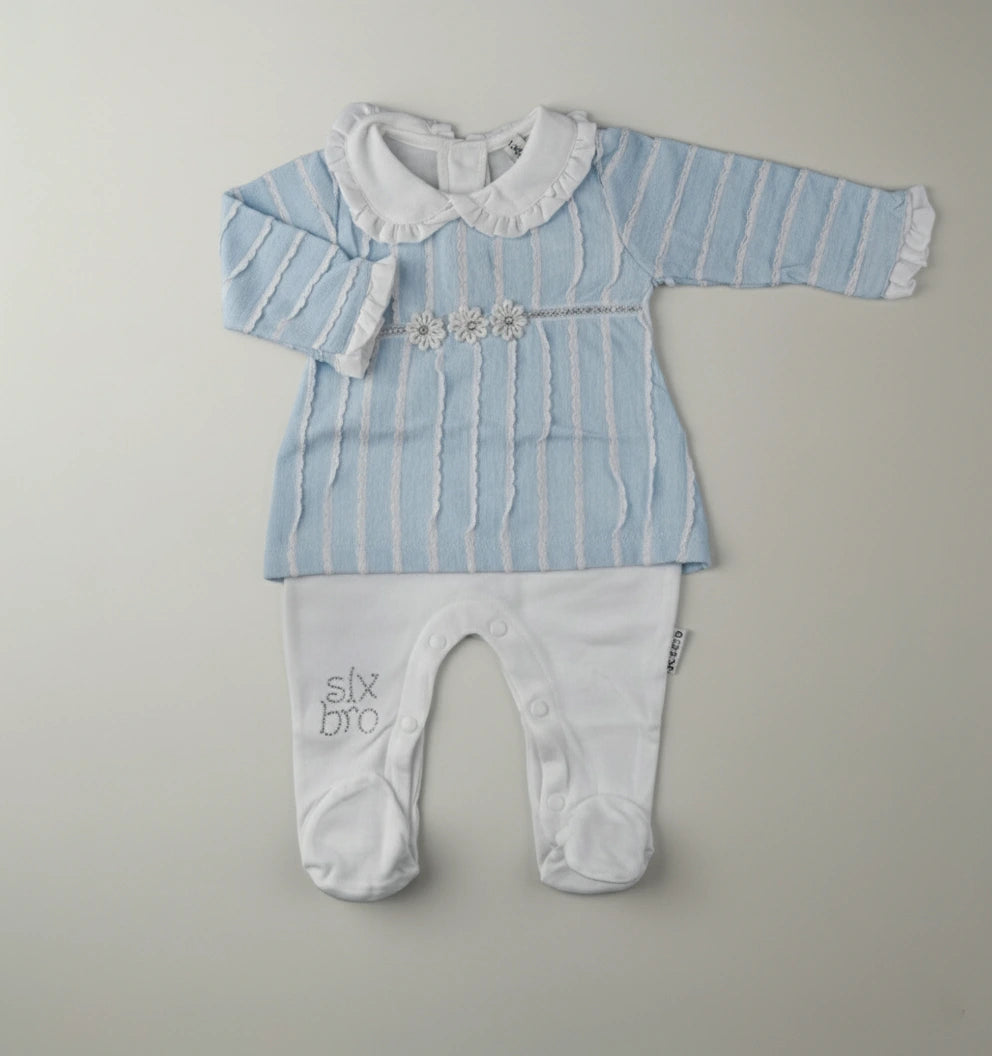 Blue & White Striped Soft Terry Cloth Baby Romper Set