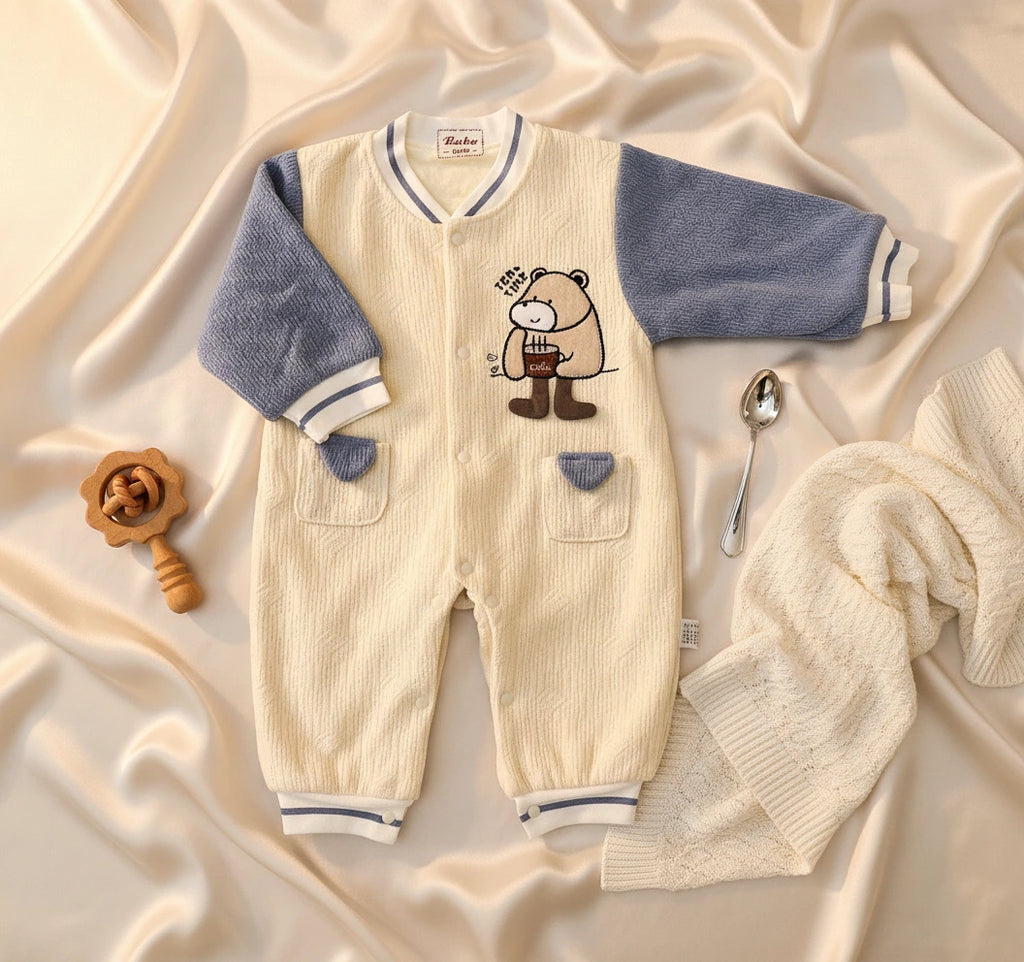 Cute Bear Beige & Blue Imported Baby Romper-Soft Wool Fabric