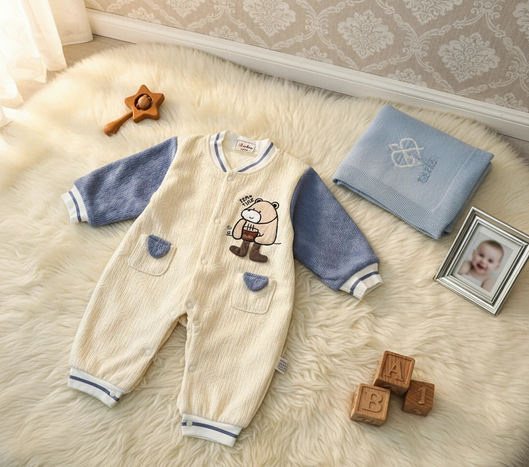 Cute Bear Beige & Blue Imported Baby Romper-Soft Wool Fabric