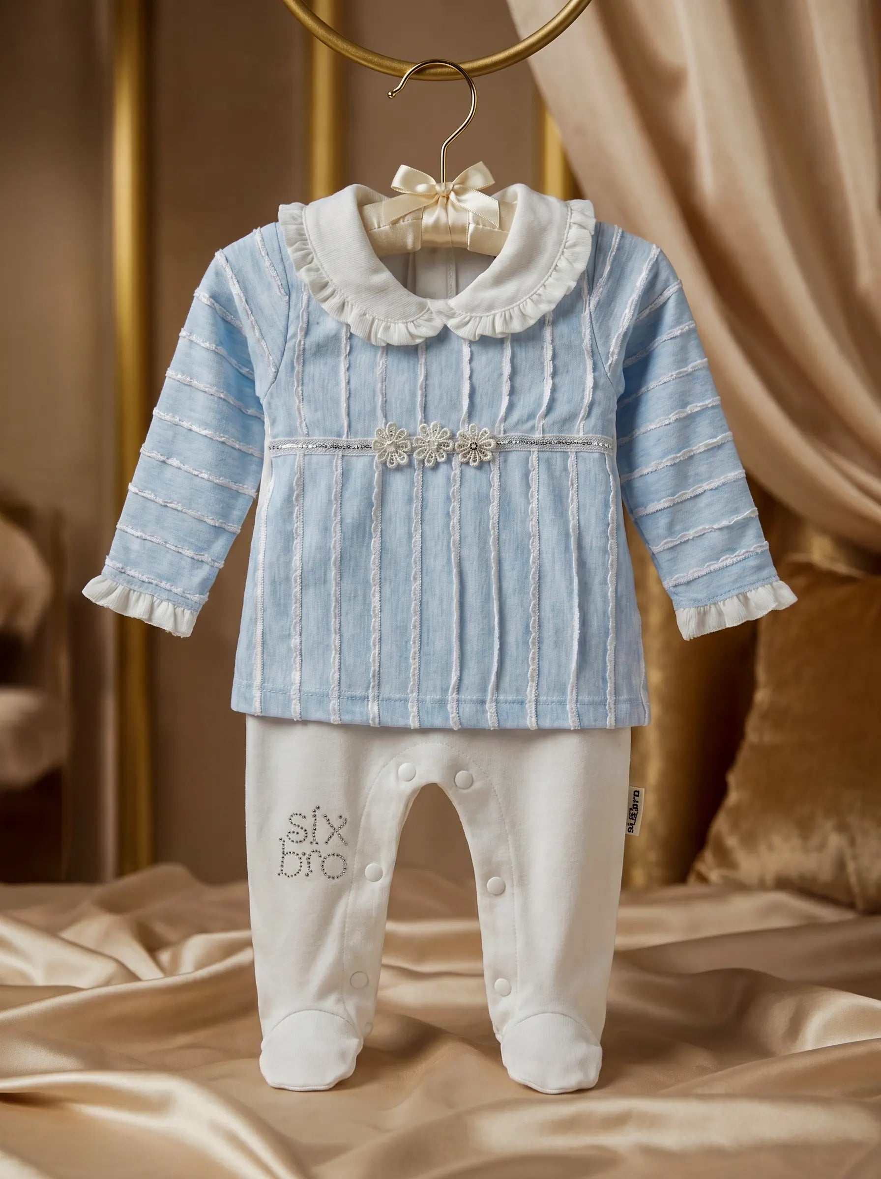 Blue & White Striped Soft Terry Cloth Baby Romper Set