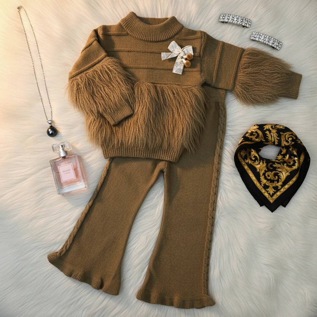 Warm Mocha Shaggy Knit Sweater and Cable Flare Pants Set