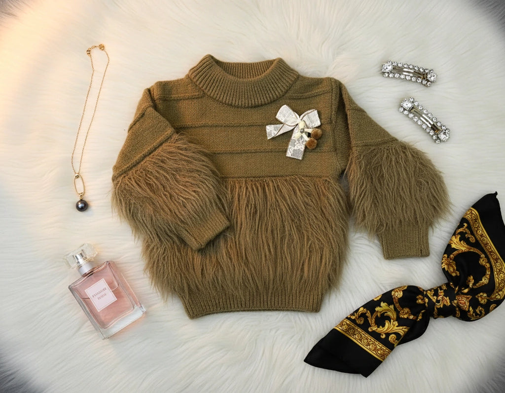 Warm Mocha Shaggy Knit Sweater and Cable Flare Pants Set