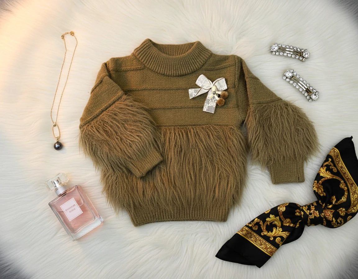 Warm Mocha Shaggy Knit Sweater and Cable Flare Pants Set