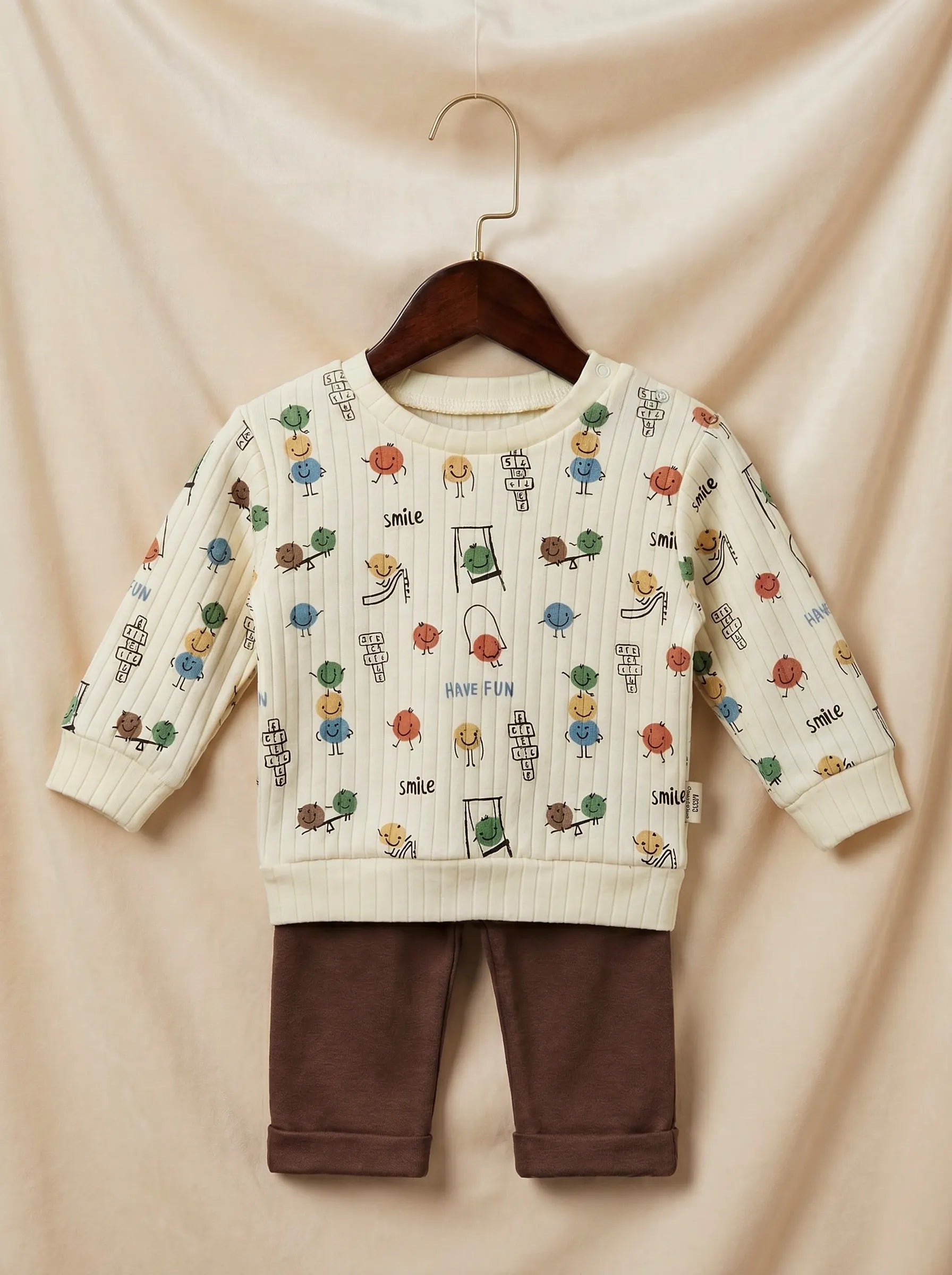 Cartoon-Printed Quilted Cotton Toddler Set in Beige & Brown
