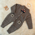 Warm Brown Wool Knit Baby Romper with Bow Tie