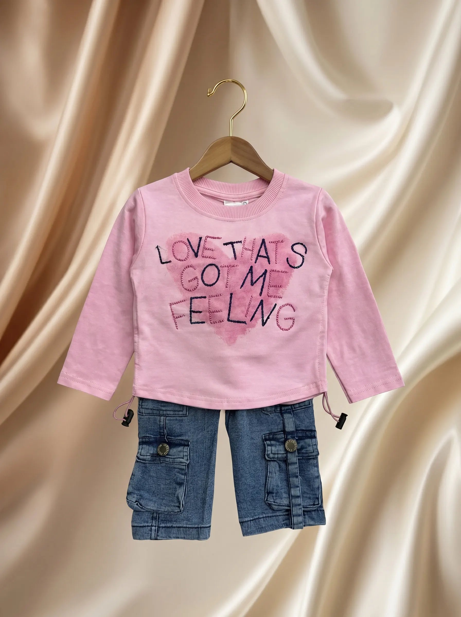 Girls Full Sleeves Cotton Pink Top with Denim Cargo Pants