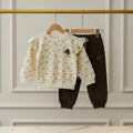 Chic Bow Print Fleece Ruffle Shoulder Sweatsuit